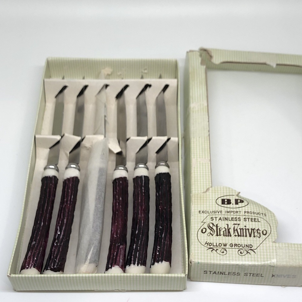 6 Piece Stainless Steel Steak Knives Hollow Ground Vintage Original Box Japan